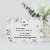 Grijs Zwart Retro Y2K Hippie Bloempatroon RSVP Kaartje (Staand voorkant)