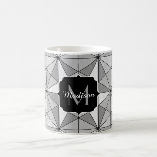 Grijs zwart wit Mosaic Triangle Monogram Koffiemok