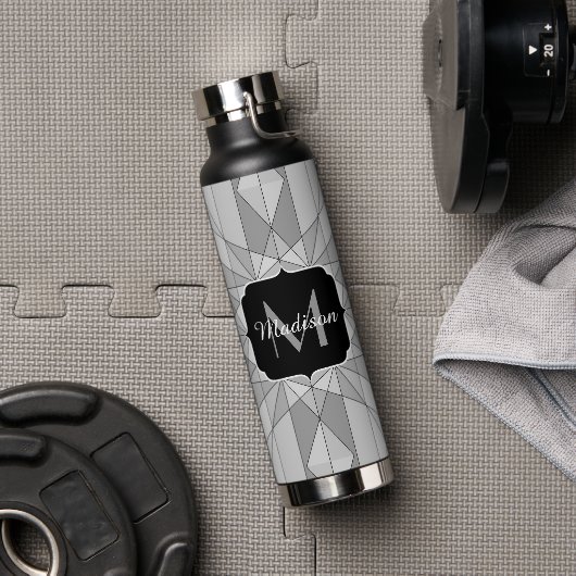 Grijs zwart wit Mosaic Triangle Monogram Waterfles (Gym)