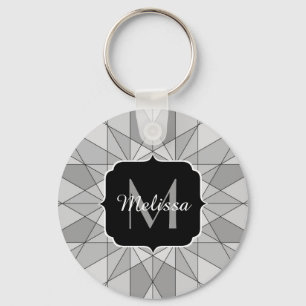 Grijs zwart wit Mozaïek Driehoek Patroon Monogram Sleutelhanger