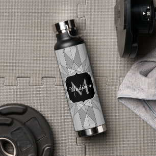 Grijs zwart wit Mozaïek Driehoek Patroon Monogram Waterfles