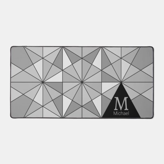 Grijs zwart wit retro Mozaïek Driehoek Monogram Bureaumat (Voorkant)