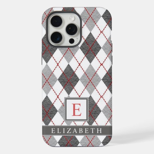 Grijs Zwart Wit Rood Argyle Patroon iPhone Hoesje (Achterkant)