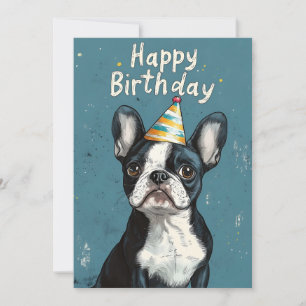 Grijsblauwe Boston Terrier Verjaardagsfeest Kaart