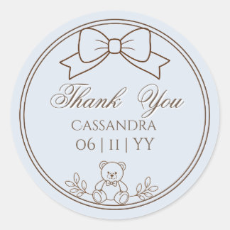 Grijsblauwe gepersonaliseerde teddybeer met strik ronde sticker