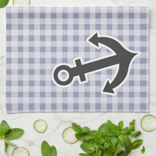 Grijsblauwe gingham; anker theedoek (Gevouwen)