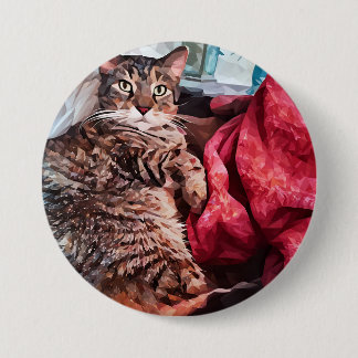 Grijsbruin zwart tabby kat loungen ronde button 7,6 cm