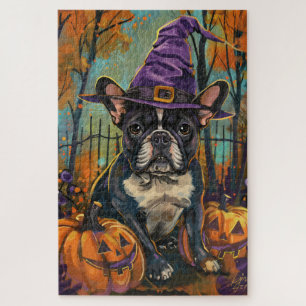 Grijselijke Franse Bulldog Halloween Heks en Pompo Legpuzzel