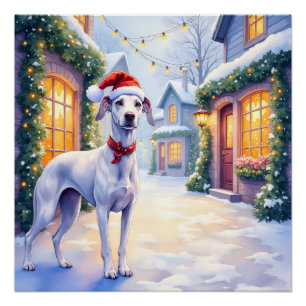 Grijshond Besneeuwd Dorp Kerstman Hoed Kerst Kunst Perfect Poster