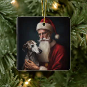 Grijshond met Kerstman Feestelijke Kerst Keramisch Ornament