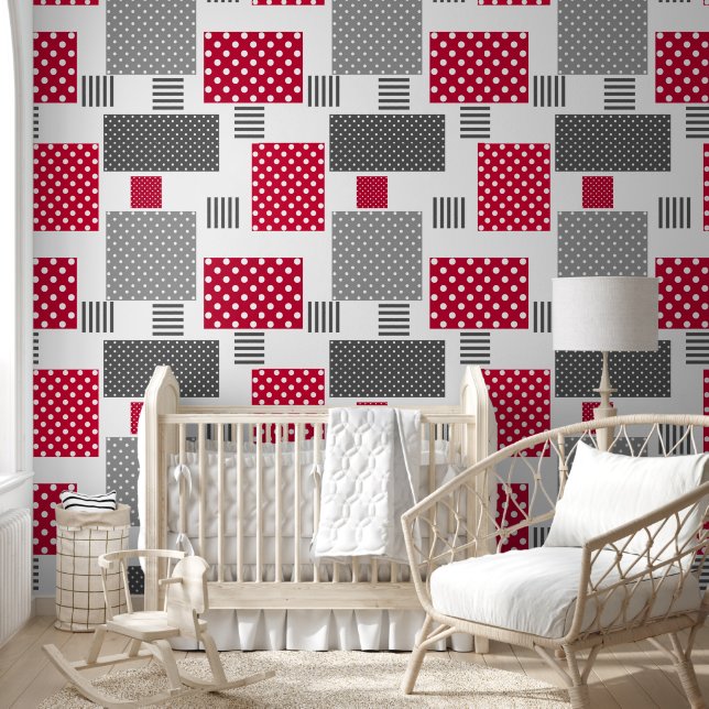 Grijsrode stip patchwork op witte achtergrond behang (Kinderen)