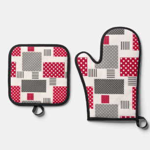 Grijsrode stip patchwork op witte achtergrond ovenwant & pannenlap set