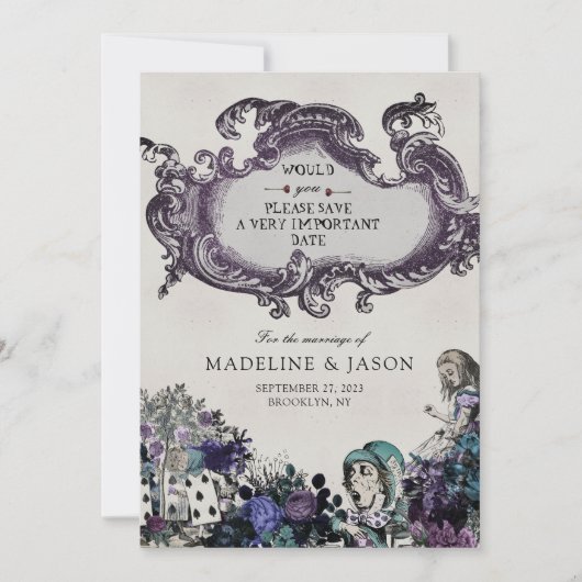 grijze Alice in Wonderland Wedding Save The Date (Voorkant)