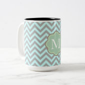 Grijze Aqua Chevron Stripes Monogram Tweekleurige Koffiemok (Voorkant links)