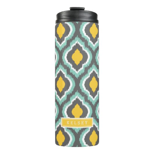 Grijze Aqua en Gele Ikat Marokkaanse Monogram Thermosbeker (Voorkant)