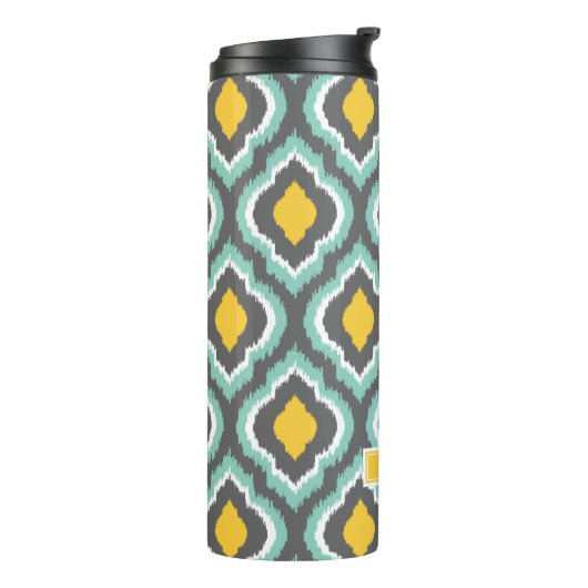 Grijze Aqua en Gele Ikat Marokkaanse Monogram Thermosbeker (Gedraaid links)