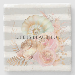 Grijze aquarel Beach Stripes Gouden Bloemen schelp Stenen Onderzetter