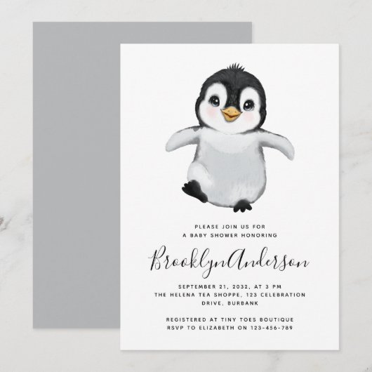 Grijze Baby shower Penguin Kaart (Voorkant / Achterkant)
