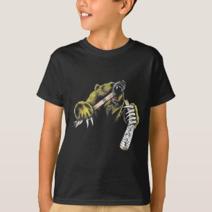 Grijze beer die door een bijtende hockeystick bree t-shirt