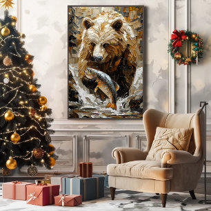 Grijze beer die vist in dynamische impasto-stijl canvas afdruk