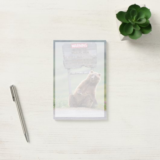 Grijze beer speelt met bord post-it® notes (Kantoor)
