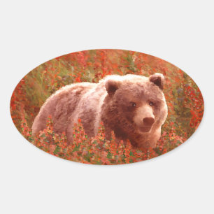 Grijze Beren snijwonden in Firewed Painting Wildli Ovale Sticker