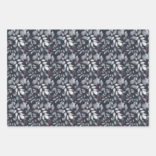 Grijze bladeren en rode bessen die papierbladen ov inpakpapier vel (Voorkant)