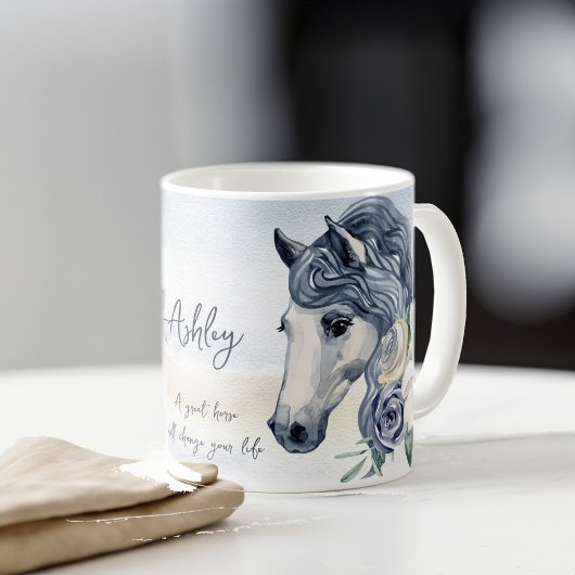 Grijze blauwe paard met bloemen gepersonaliseerde koffiemok