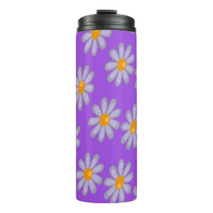 Grijze bloemen op paarse thermosbeker