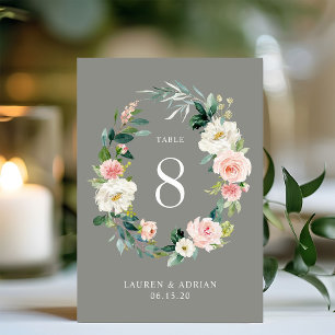 Grijze Blush Bloemenkrans Trouwtafel Nummer Kaart