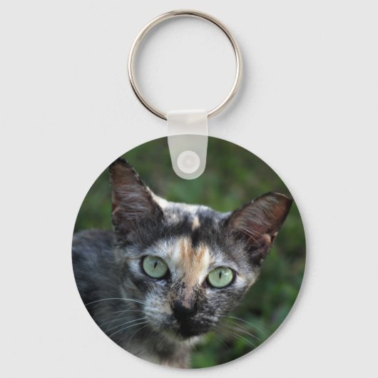 Grijze bruine kat met groene ogen sleutelhanger (Voorkant)