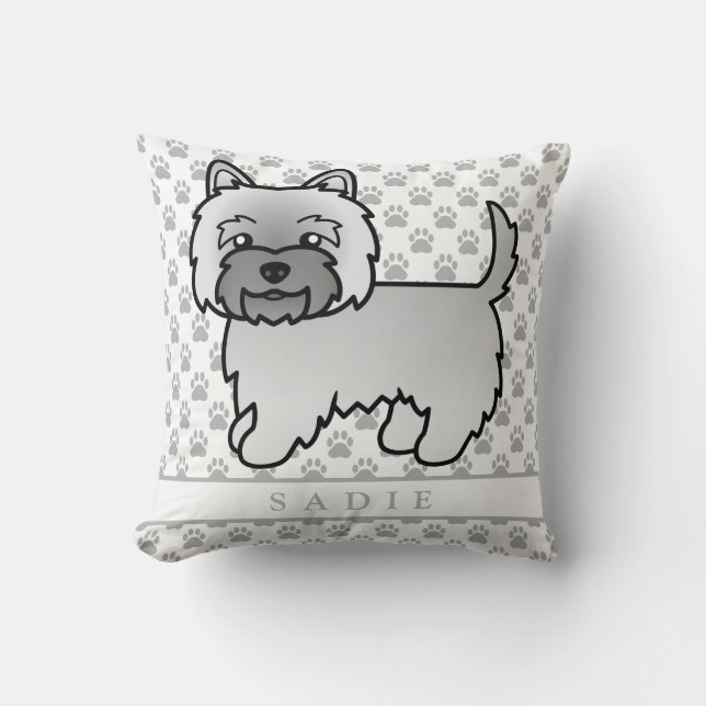 Grijze Cairn Terrier Honden Illustratie & Naam Kussen (Voorkant)