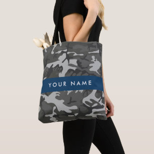 Grijze camouflagepatroon, jouw naam, personaliseer draagtas