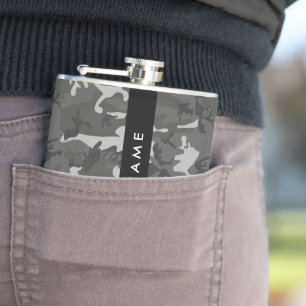 Grijze camouflagepatroon, jouw naam, personaliseer heupfles