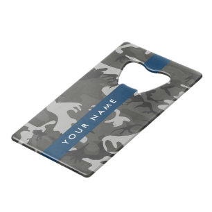 Grijze camouflagepatroon, jouw naam, personaliseer kredietkaart flessenopener