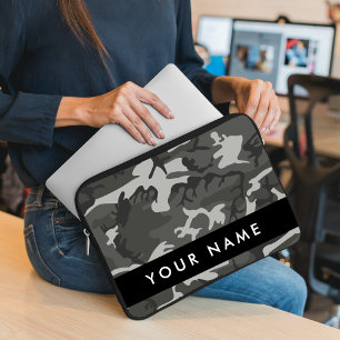 Grijze camouflagepatroon, jouw naam, personaliseer laptop sleeve