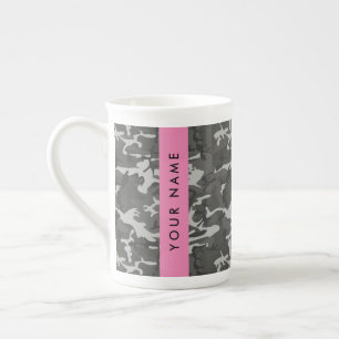 Grijze camouflagepatroon, jouw naam, personaliseer porselein kop