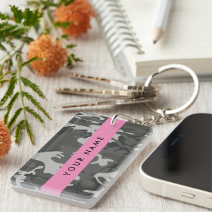 Grijze camouflagepatroon, jouw naam, personaliseer sleutelhanger