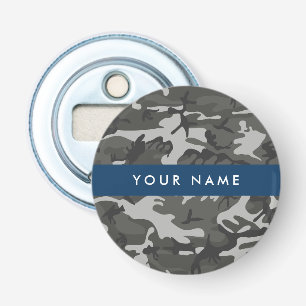 Grijze camouflagepatroon, uw naam, personaliseer button flesopener