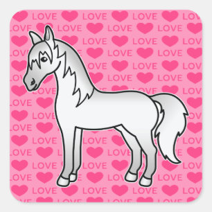 Grijze Cartoon Paard Liefde Harten Vierkante Sticker