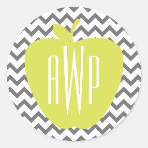 Grijze Chevron en Neon Apple Monogram Leraar Ronde Sticker