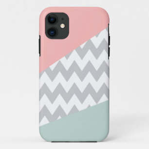 Grijze Chevron - Munt en Koraal iPhone 11 Hoesje