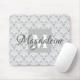 Grijze Damask Muismat met Monogram & Naam