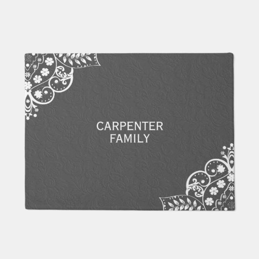 Grijze damast en wit bloemenkant deurmat (Voorkant)