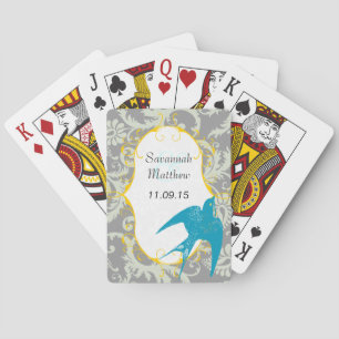 Grijze Damast Teal Mus Sparrow Trouwkaart Pokerkaarten