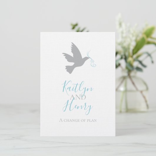 Grijze duif aqua blauw lint verandering van bruilo kaart (Staand voorkant)