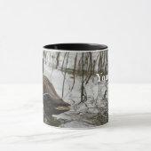 Grijze eend op donker het meer mok (Midden)