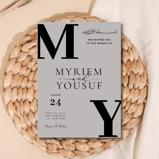 Grijze elegante moderne monogram moslim bruiloft i kaart
