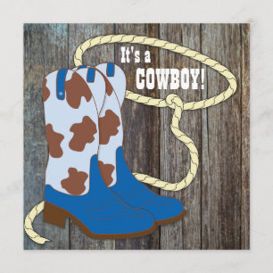 Grijze en blauwe schuur hout cowboy baby shower kaart