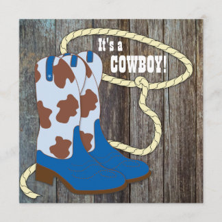 Grijze en blauwe schuur hout cowboy baby shower kaart